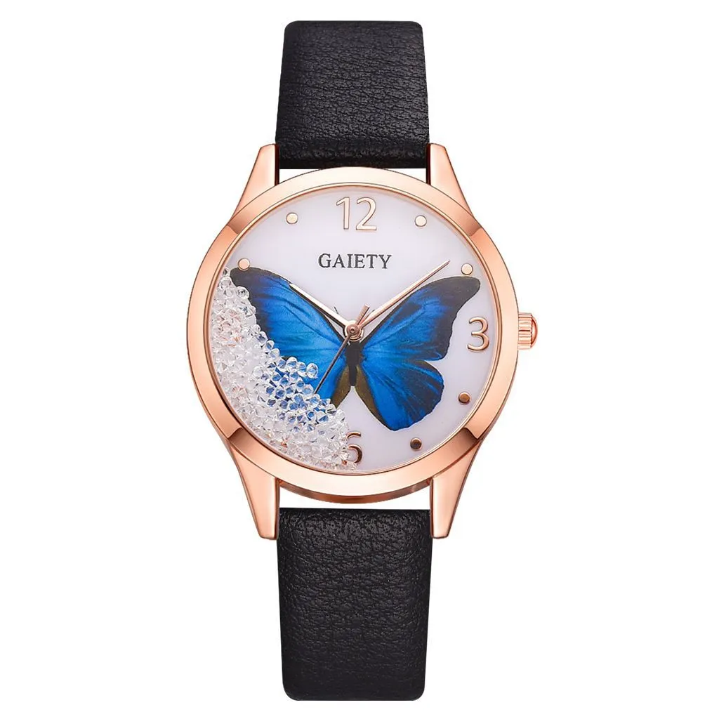 Rhinestone Butterfly Women's Leather Watches