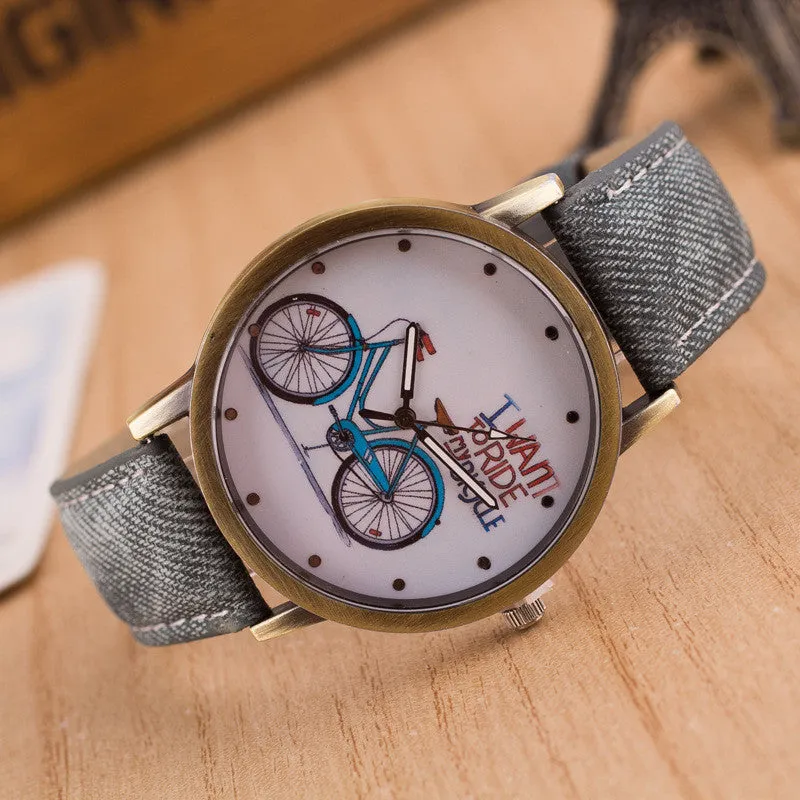 Ride Bike Pattern Denim Strap Watch