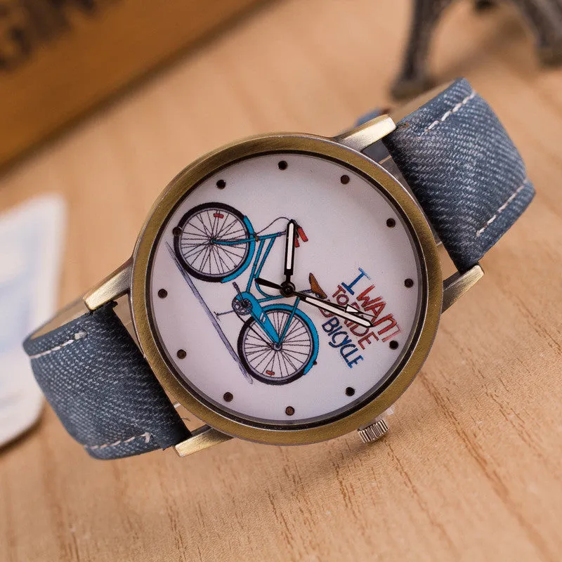 Ride Bike Pattern Denim Strap Watch