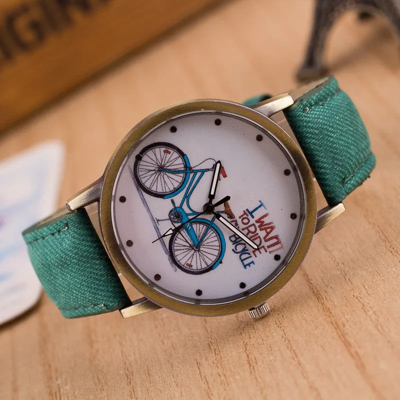 Ride Bike Pattern Denim Strap Watch