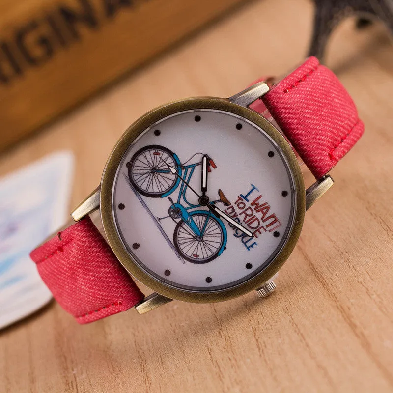 Ride Bike Pattern Denim Strap Watch