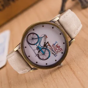 Ride Bike Pattern Denim Strap Watch
