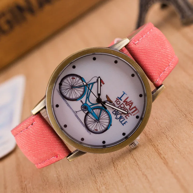 Ride Bike Pattern Denim Strap Watch