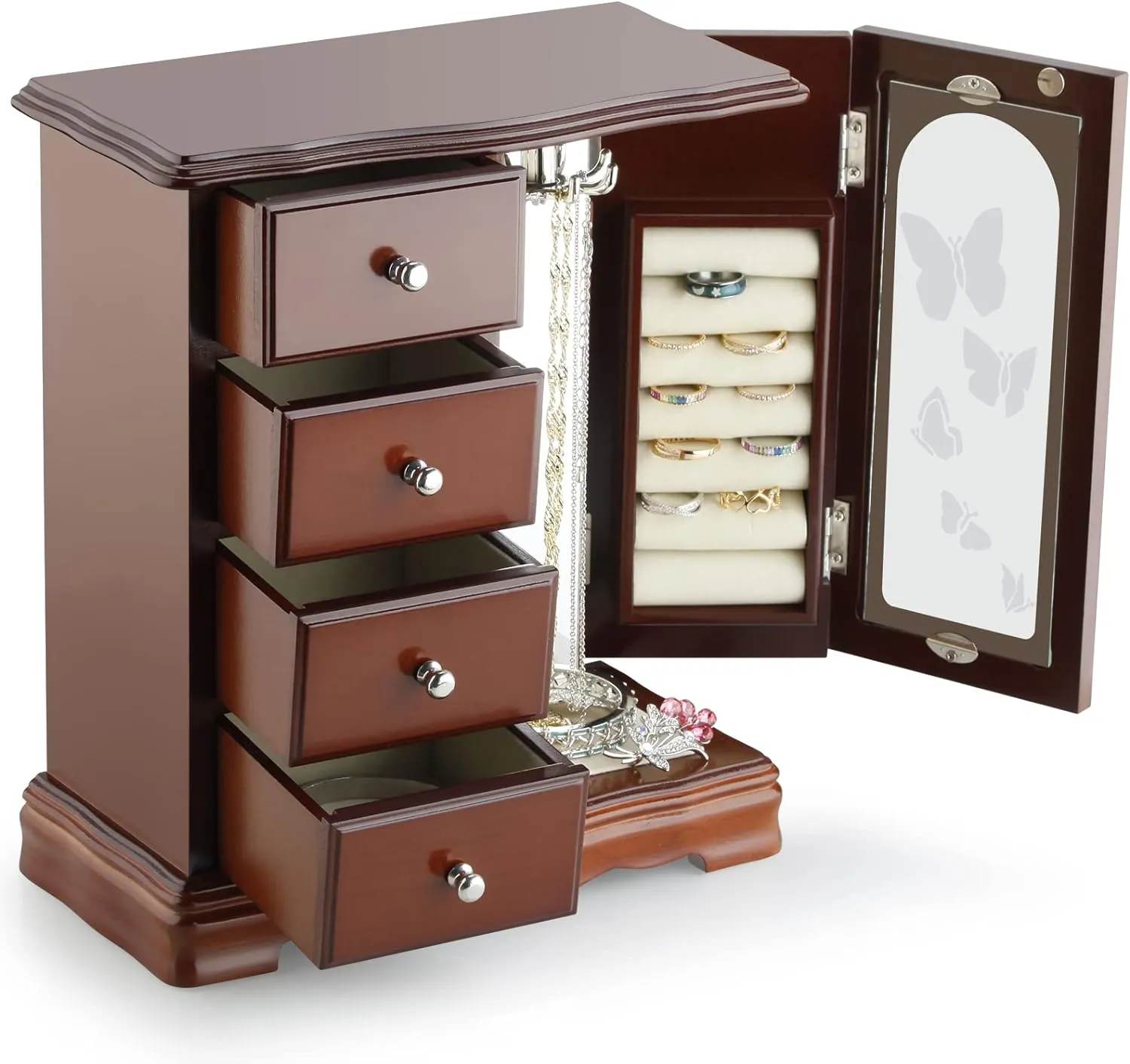 RR ROUND RICH DESIGN Jewelry Box - Made of Solid Wood with 4 Drawers Organizer and Built-in Necklace Carousel and Large Mirror Brown