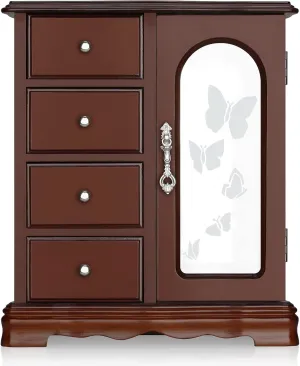 RR ROUND RICH DESIGN Jewelry Box - Made of Solid Wood with 4 Drawers Organizer and Built-in Necklace Carousel and Large Mirror Brown