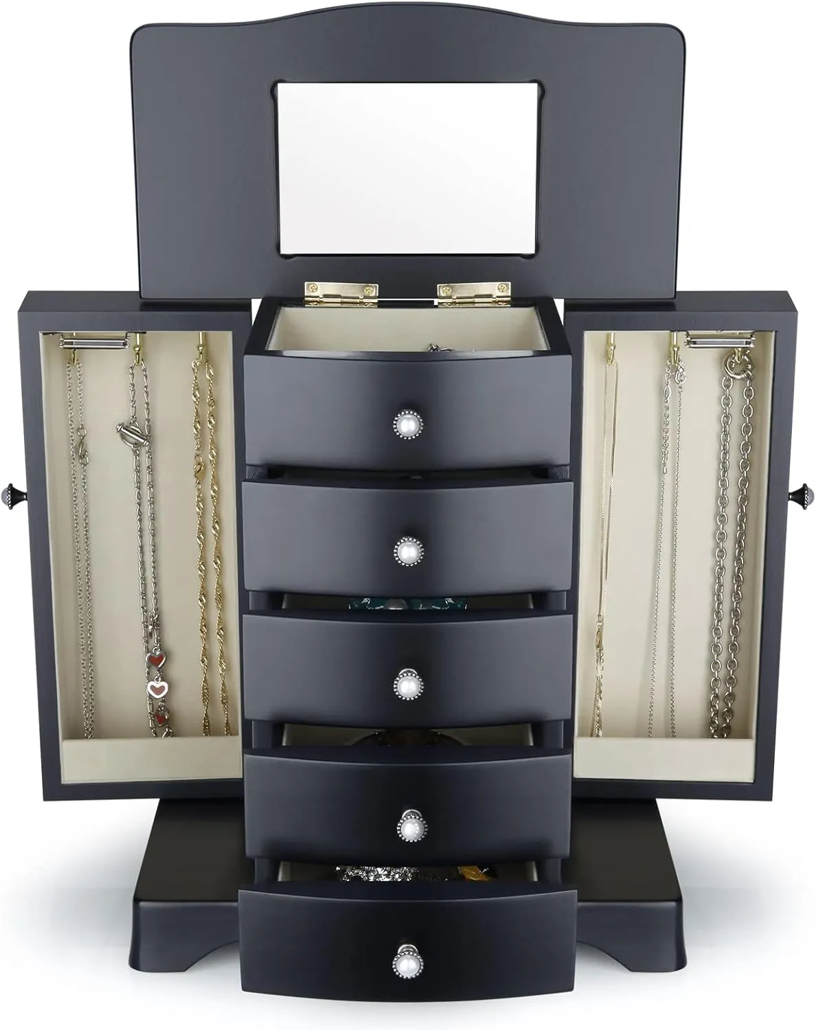 RR ROUND RICH DESIGN Jewelry Box - Made of Solid Wood with Tower Style 4 Drawers Organizer and 2 Separated Open Doors on 2 Sides and Large Mirror Black
