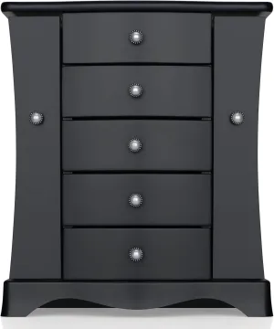 RR ROUND RICH DESIGN Jewelry Box - Made of Solid Wood with Tower Style 4 Drawers Organizer and 2 Separated Open Doors on 2 Sides and Large Mirror Black