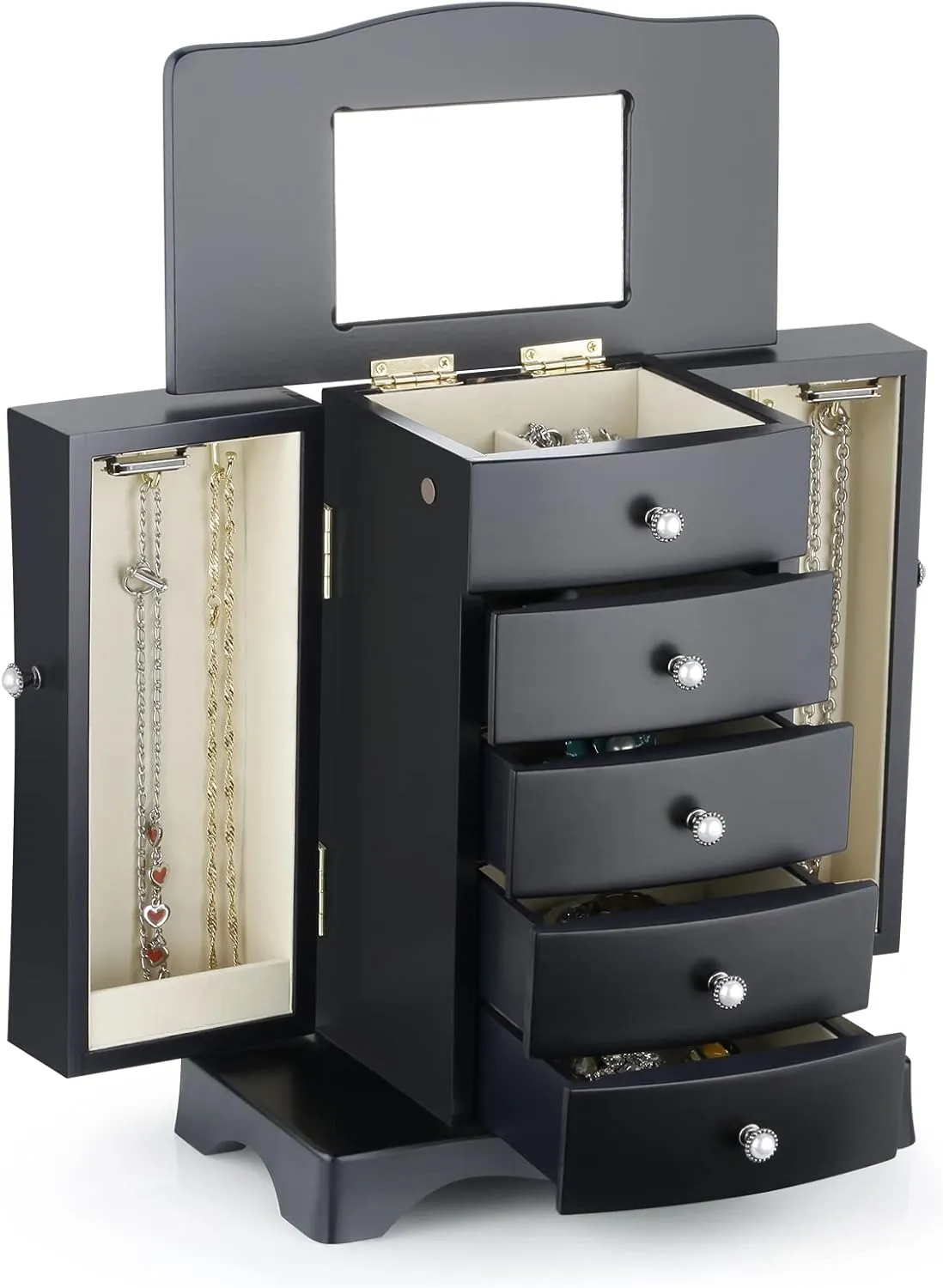 RR ROUND RICH DESIGN Jewelry Box - Made of Solid Wood with Tower Style 4 Drawers Organizer and 2 Separated Open Doors on 2 Sides and Large Mirror Black