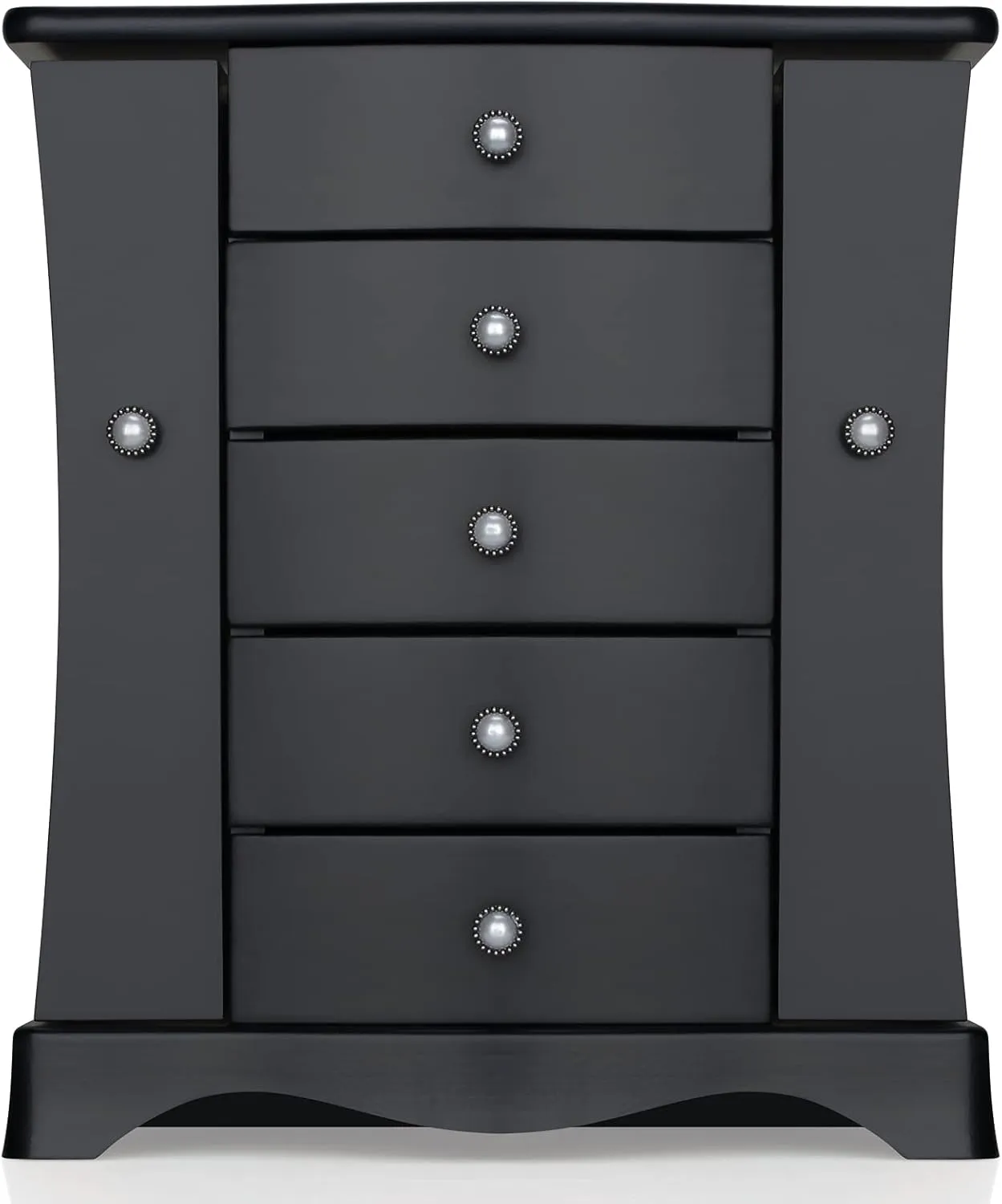 RR ROUND RICH DESIGN Jewelry Box - Made of Solid Wood with Tower Style 4 Drawers Organizer and 2 Separated Open Doors on 2 Sides and Large Mirror Black