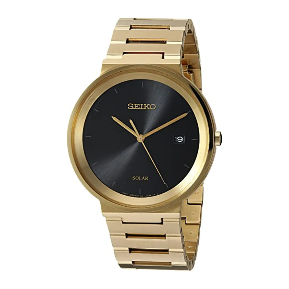 Seiko Mens Dress Japanese Quartz Black Dial Gold Band Stainless-Steel Watch - SNE482