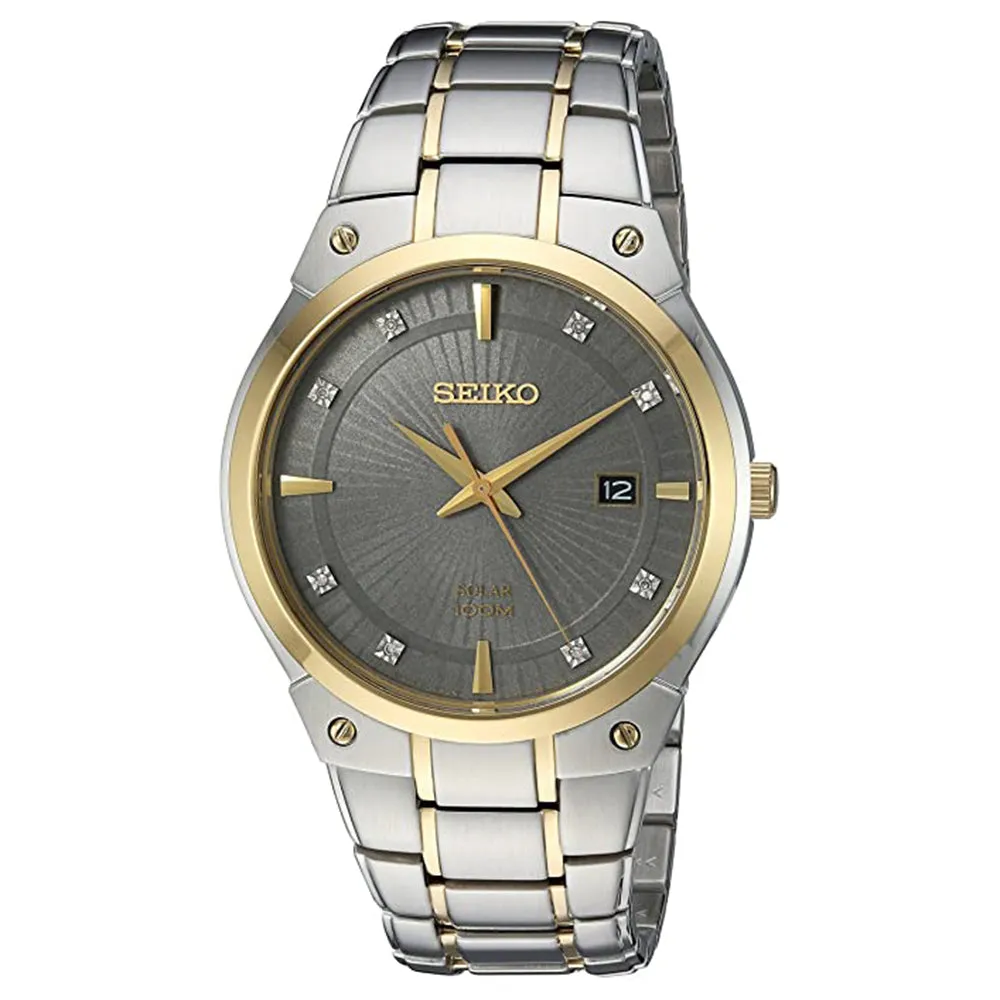 Seiko Mens Japanese Quartz Gray Dial Bicolor Stainless Steel Band Watch - SNE430