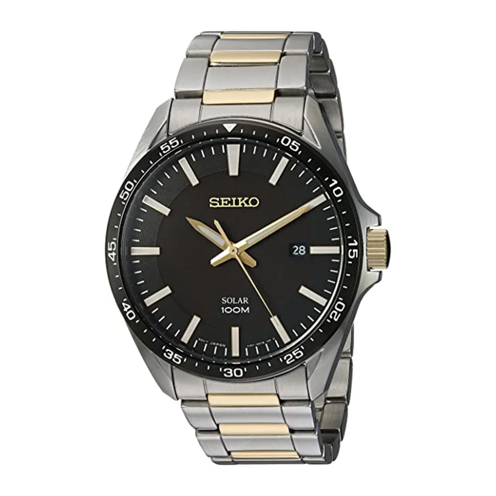 Seiko Mens Sport Japanese Quartz Black Dial Silver Band Stainless-Steel Strap Watche - SNE485