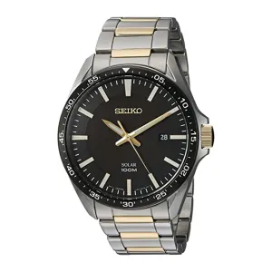 Seiko Mens Sport Japanese Quartz Black Dial Silver Band Stainless-Steel Strap Watche - SNE485