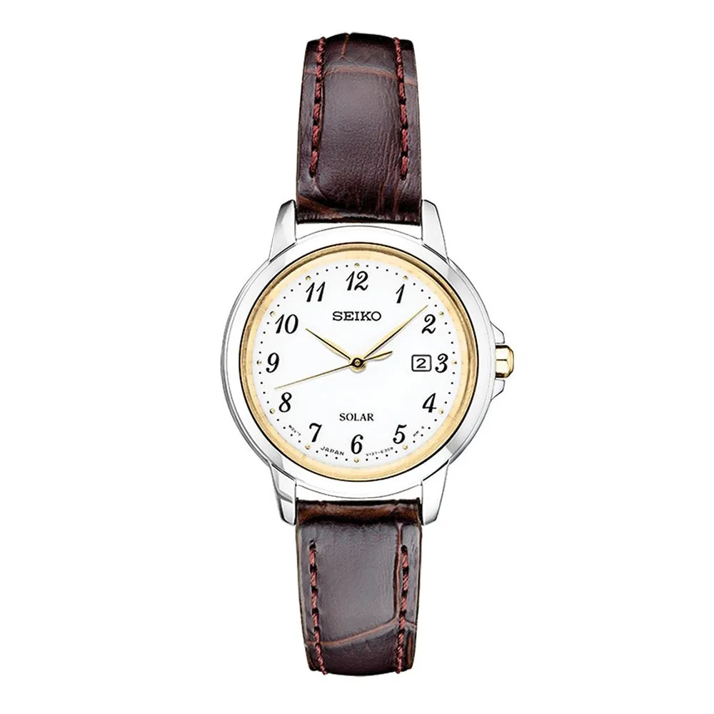 Seiko Womens Japanese Quartz White Dial Brown Band Stainless Steel Dress Watch - SUT375