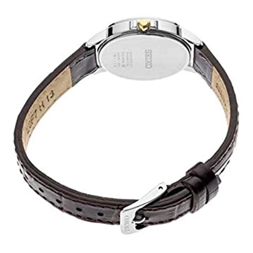 Seiko Womens Japanese Quartz White Dial Brown Band Stainless Steel Dress Watch - SUT375