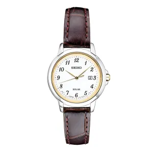 Seiko Womens Japanese Quartz White Dial Brown Band Stainless Steel Dress Watch - SUT375