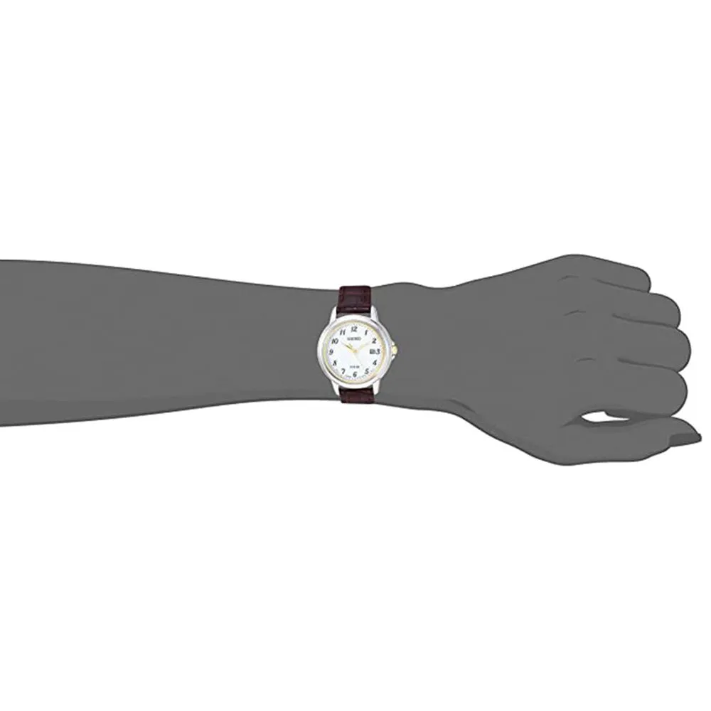 Seiko Womens Japanese Quartz White Dial Brown Band Stainless Steel Dress Watch - SUT375