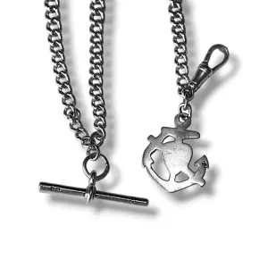 Silver Double Albert Chain with Heart Cross and Anchor Fob and T-Bar