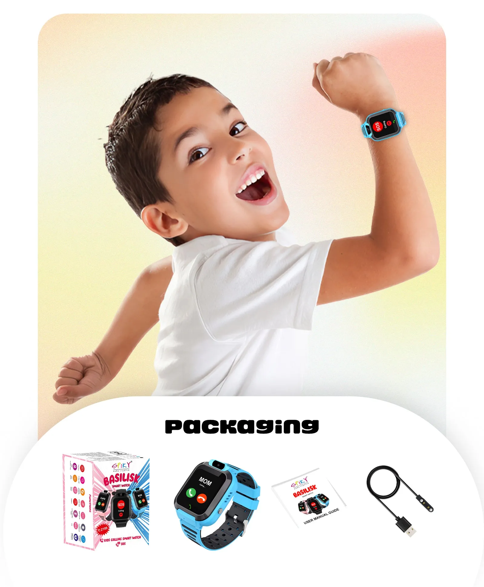 Spiky Basilisk Kids' Cute Waterproof Smartwatch With GPS - Black
