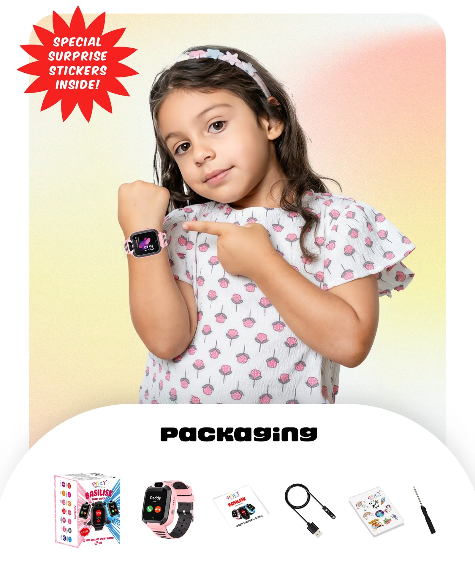 Spiky Basilisk Kids' Cute Waterproof Smartwatch With GPS - Black