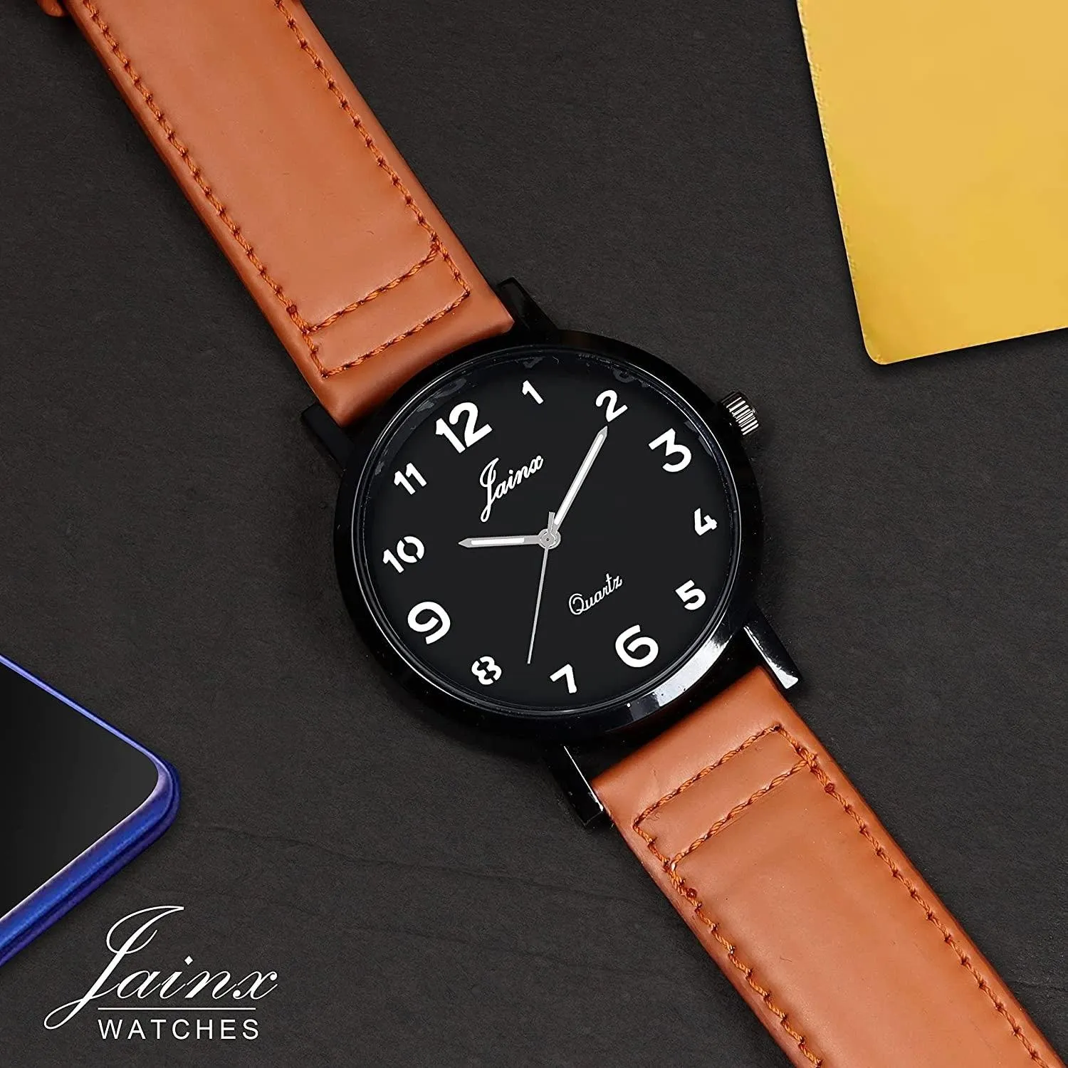 Stylish Men's Analog Watch: Black Dial with Brown Leather Strap - JM7141