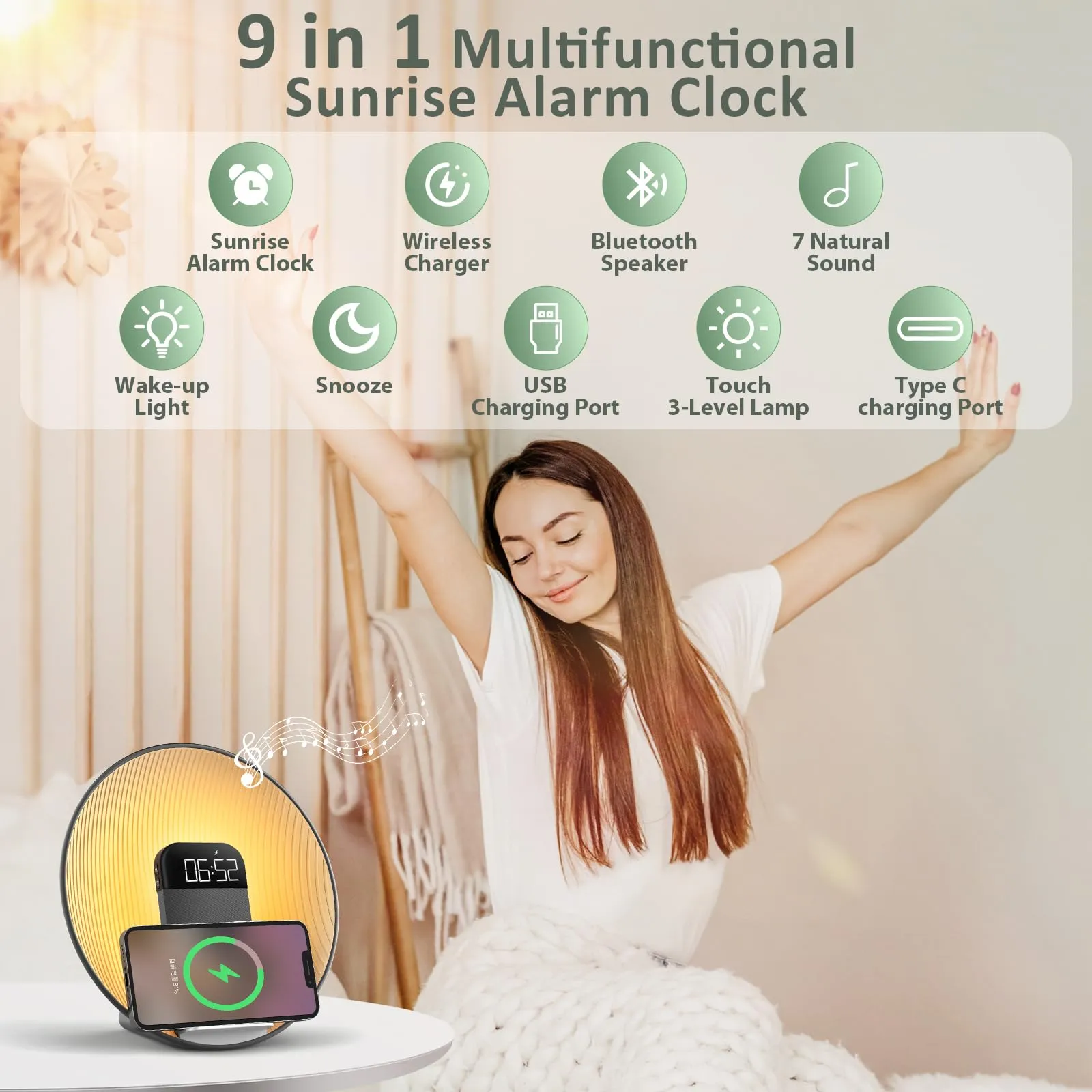 Sunrise Alarm Clock with Wireless Charging & Bluetooth