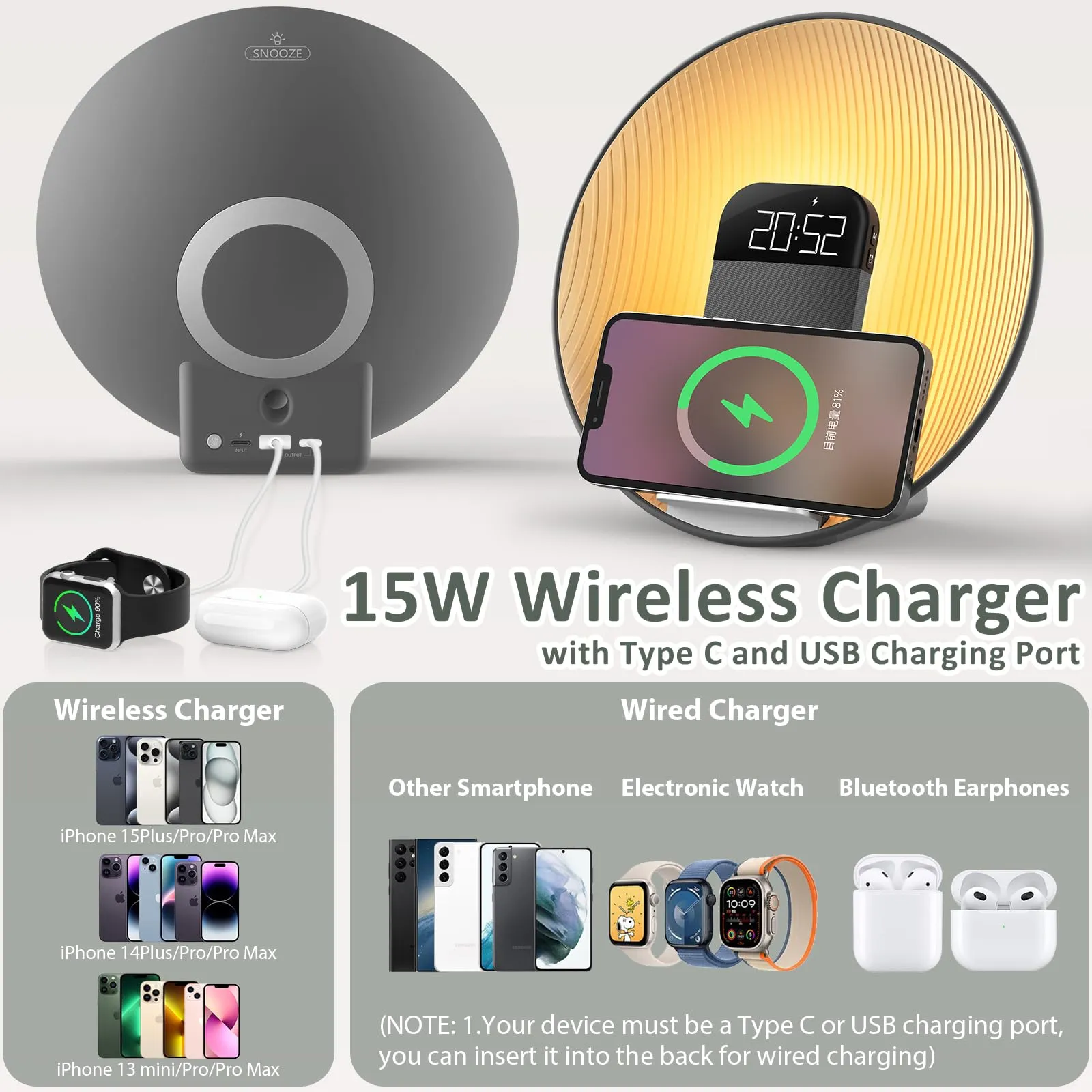 Sunrise Alarm Clock with Wireless Charging & Bluetooth