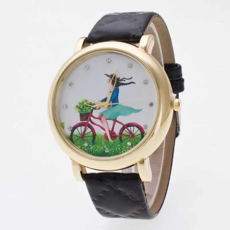 Sweet Bicycle Girl Crystal Watch