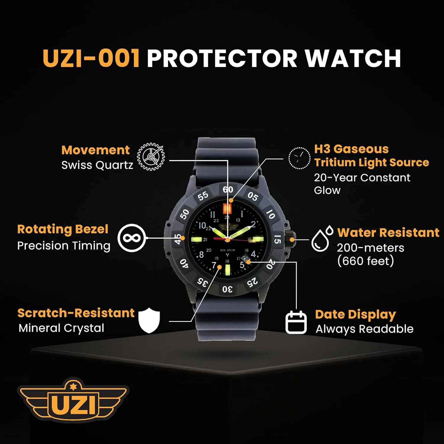 Uzi Swiss Tritium Military Watch for Men - Black Dial, Rubber & Nylon Band, Scratch-Resistant, 20ATM Water Resistant, Swiss Quartz, Protector Rubber, 43mm
