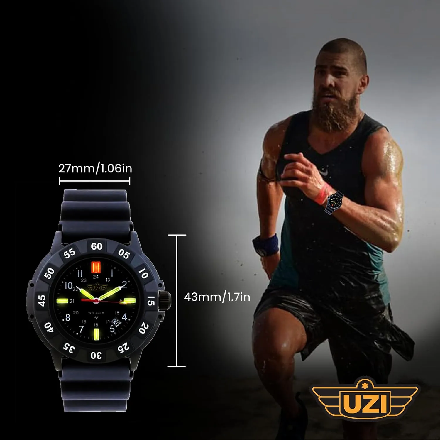 Uzi Swiss Tritium Military Watch for Men - Black Dial, Rubber & Nylon Band, Scratch-Resistant, 20ATM Water Resistant, Swiss Quartz, Protector Rubber, 43mm