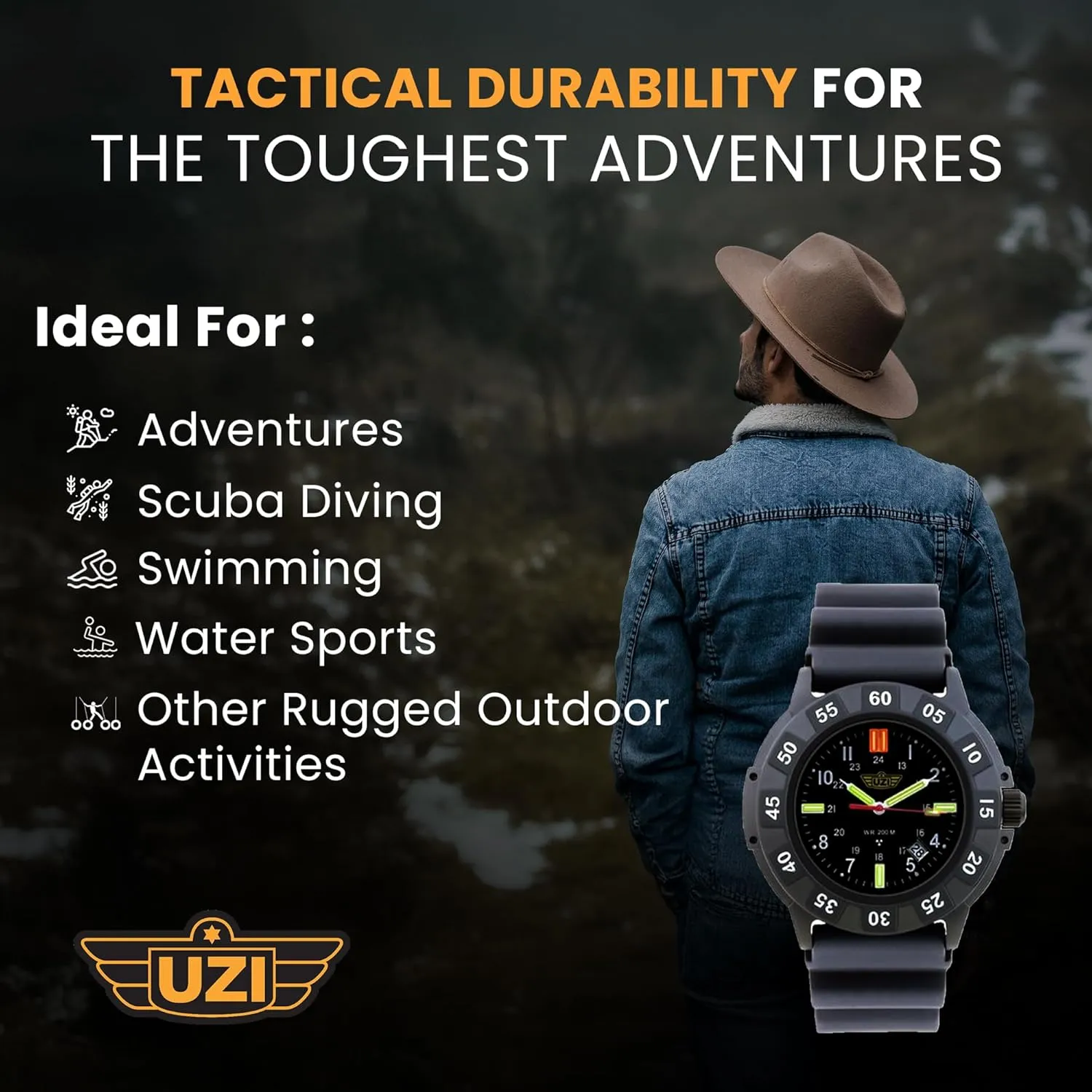 Uzi Swiss Tritium Military Watch for Men - Black Dial, Rubber & Nylon Band, Scratch-Resistant, 20ATM Water Resistant, Swiss Quartz, Protector Rubber, 43mm