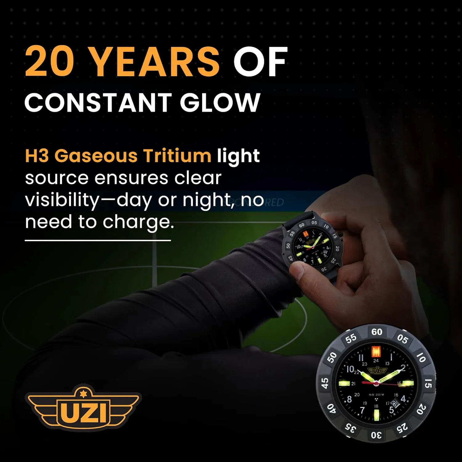 Uzi Swiss Tritium Military Watch for Men - Black Dial, Rubber & Nylon Band, Scratch-Resistant, 20ATM Water Resistant, Swiss Quartz, Protector Rubber, 43mm
