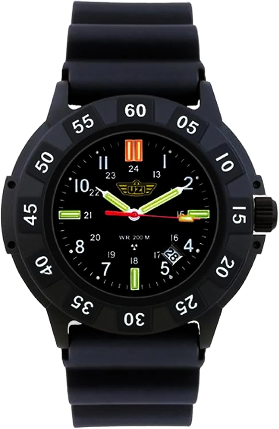 Uzi Swiss Tritium Military Watch for Men - Black Dial, Rubber & Nylon Band, Scratch-Resistant, 20ATM Water Resistant, Swiss Quartz, Protector Rubber, 43mm