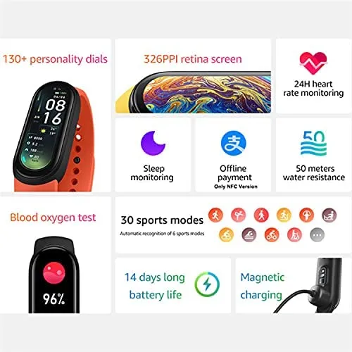 Xiaomi Mi Smart Band 6, Sports Fitness Tracker, Sleep Heart Rate Health Monitoring, Last Long Battery, 5 ATM Waterproof